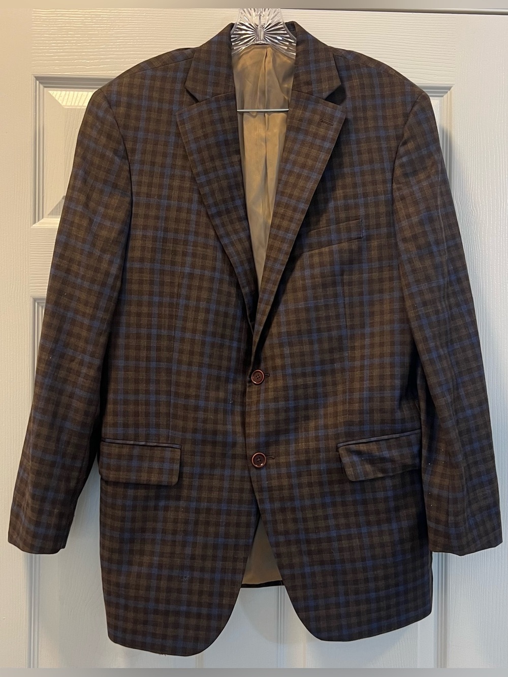 Hart Schaffner Marx 100% Wool Brown Plaid Sport Coat with Blue Windowpane, 41R